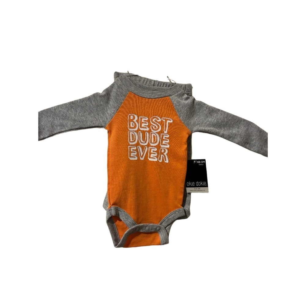 Okie Dokie‎ Newborn Boy Best Dude Ever Bodysuit and Pants Set Orange Grey NB